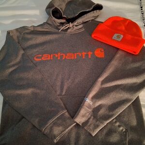 Carhartt Gray Hoodie and Orange Beanie Set